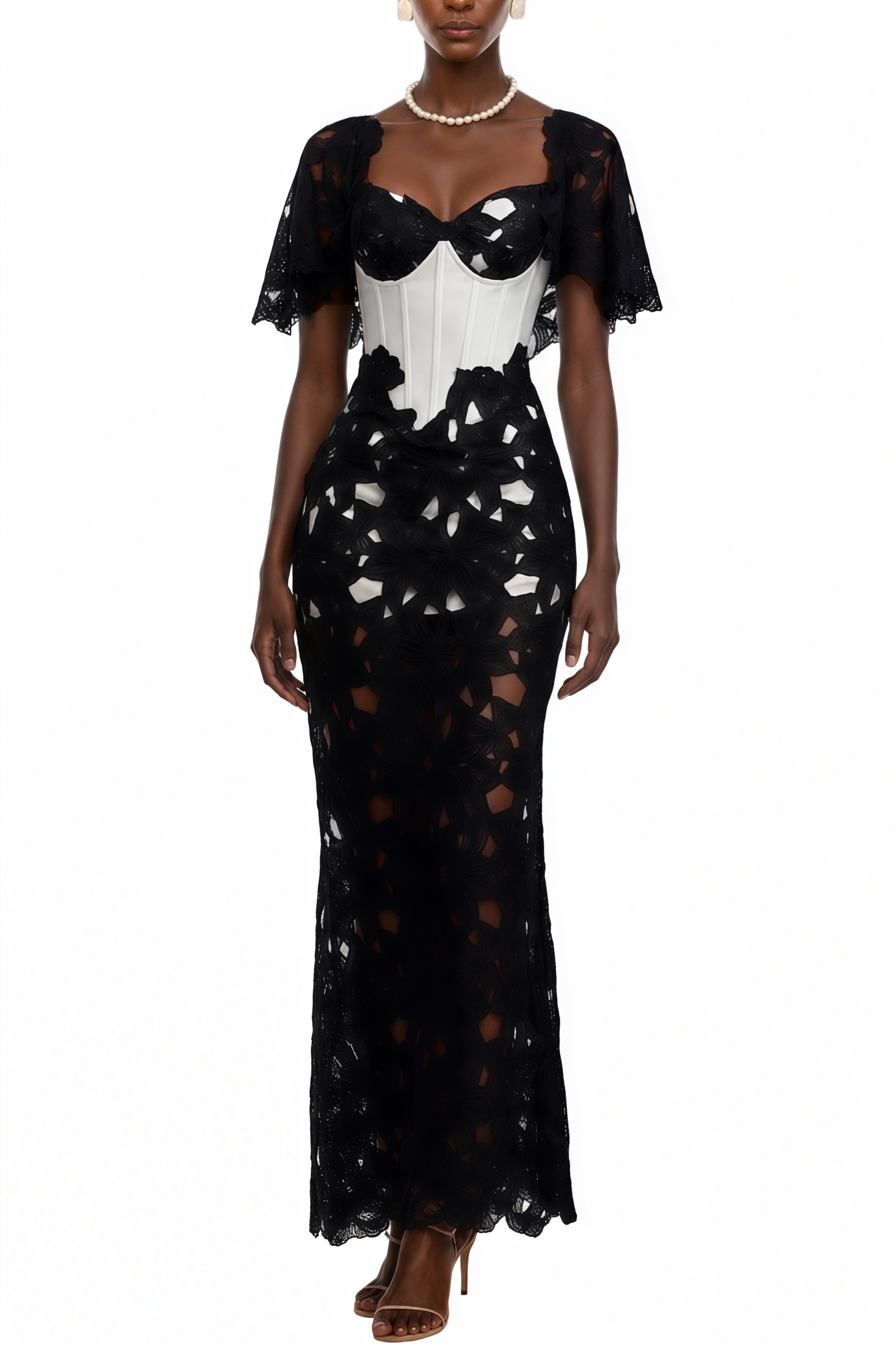 Elaine Black Floral Lace Shawl & Corset Dress Set Relvoux Womenswear Elaine Black Floral Lace Shawl & Corset Dress Set Relvoux Womenswear