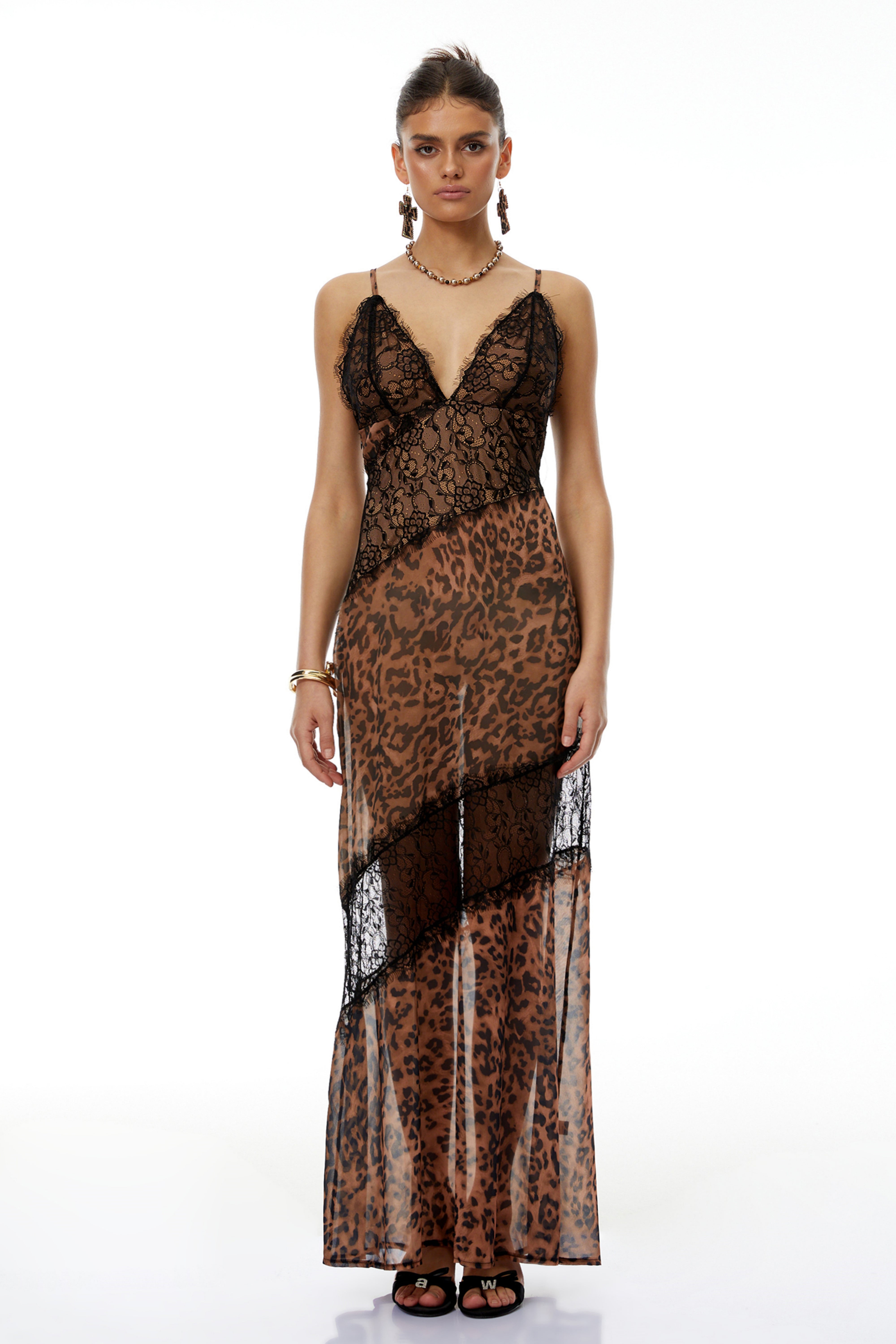 Luna Brown Off Shoulder Leopard Lace Maxi Dress L / Brown Luna Brown Off Shoulder Leopard Lace Maxi Dress L / Brown