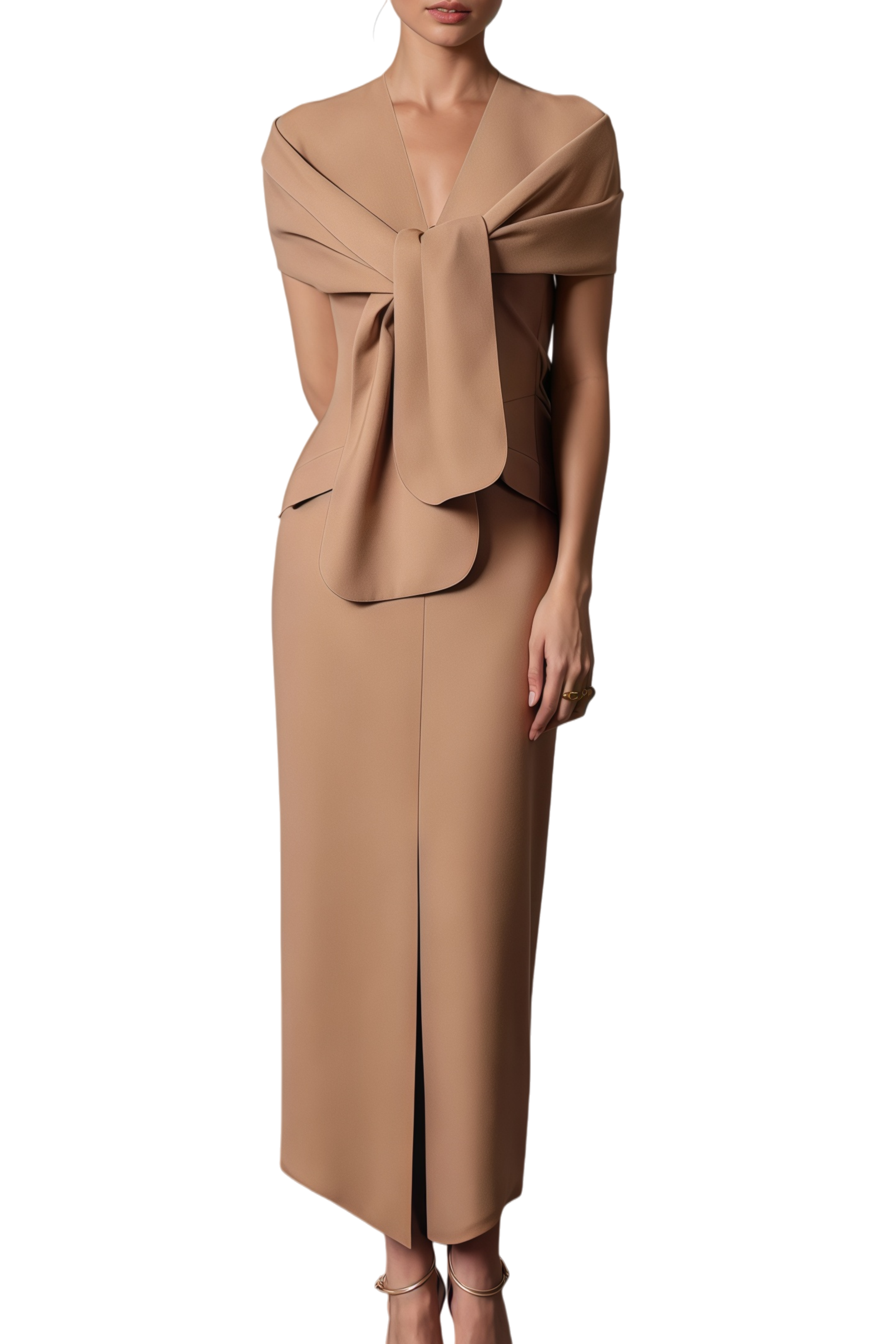 Pamela Camel Scarf Draped Midi Dress XL / Brown Pamela Camel Scarf Draped Midi Dress XL / Brown