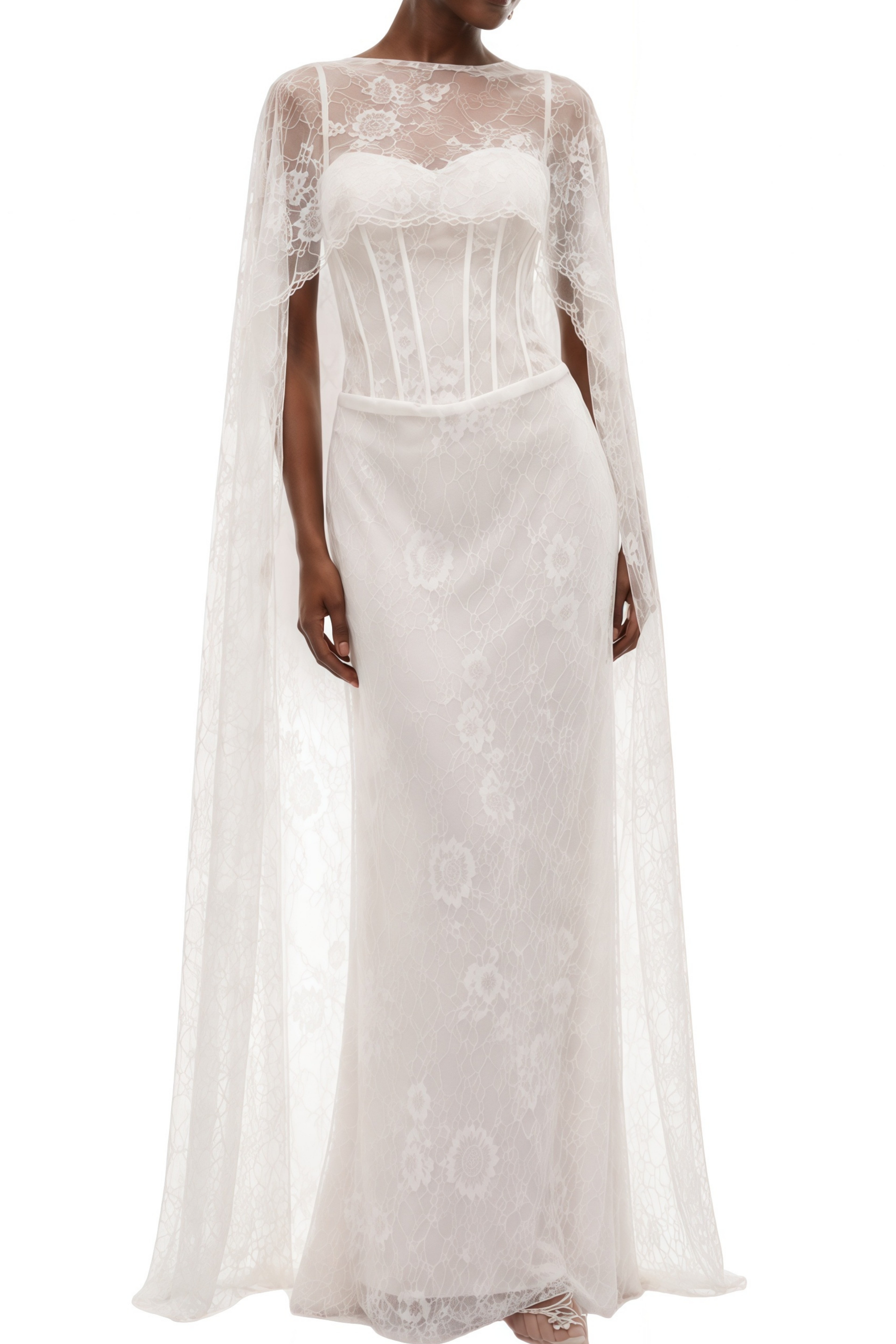 Audrey White Lace Cape Design Maxi Dress Relvoux Womenswear Audrey White Lace Cape Design Maxi Dress Relvoux Womenswear