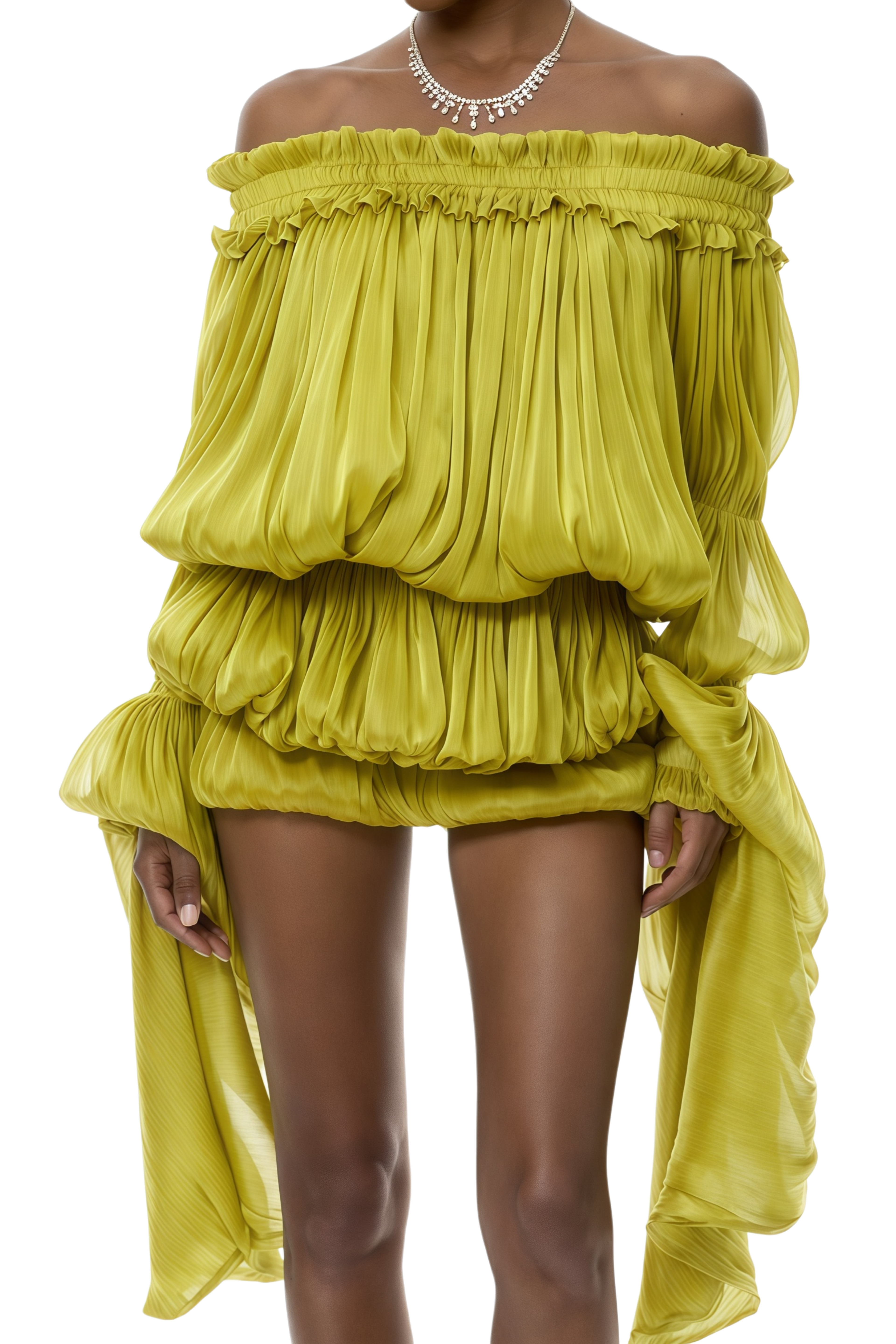 Dolores Mustard Green Off Shoulder Shirred Glossy Mini Dress M / Green