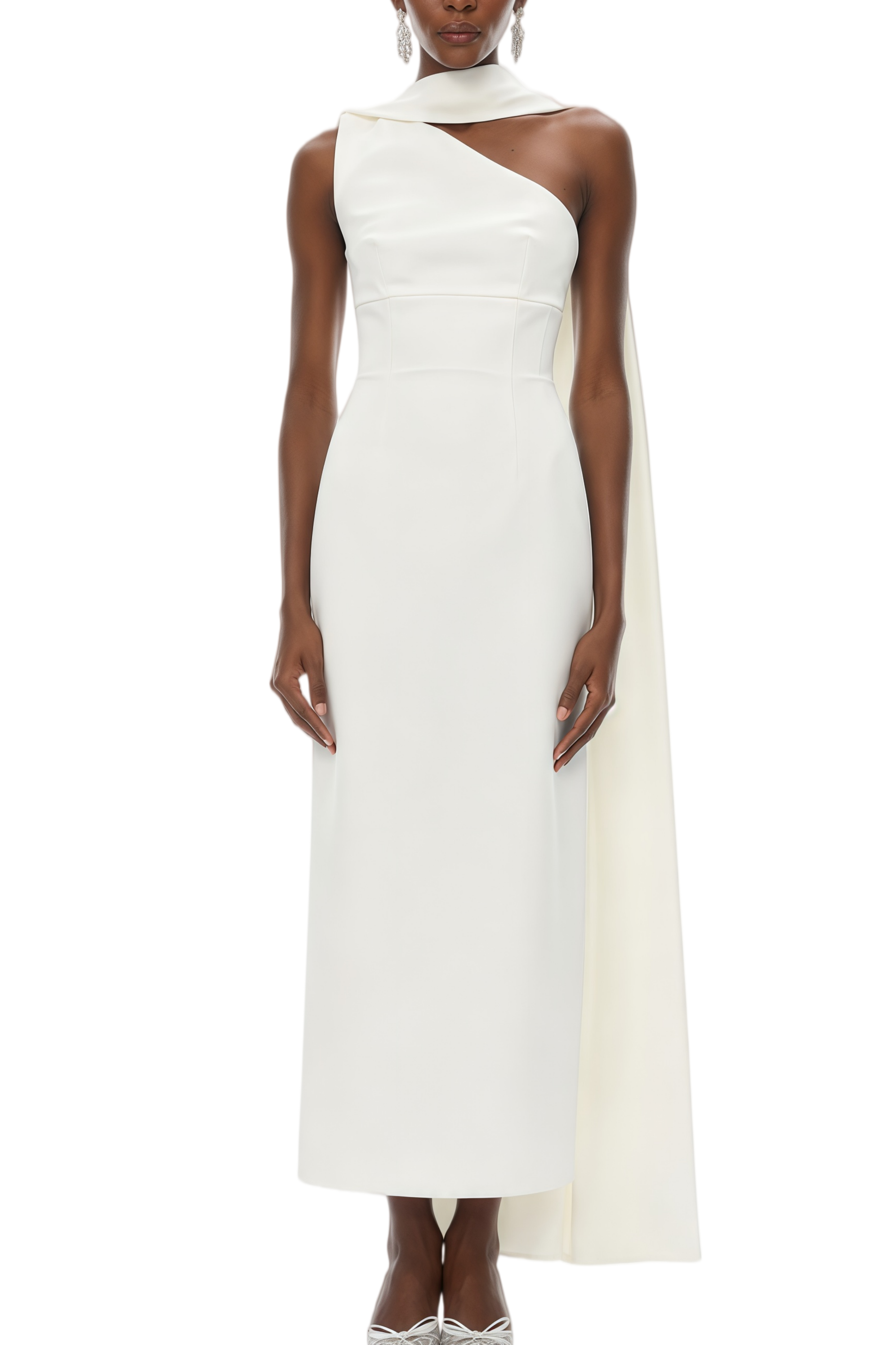 white midi dress with scarf Odette | White Asymmetric-Neck Midi Dress With Scarf