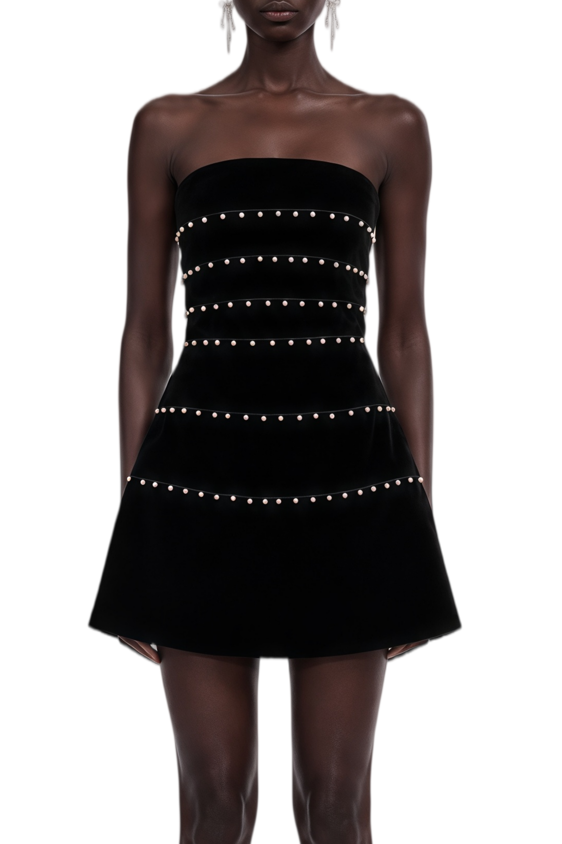 A Camille Black Velvet Mini Dress Adorned With Faux Pearls – Relvoux Womenswear