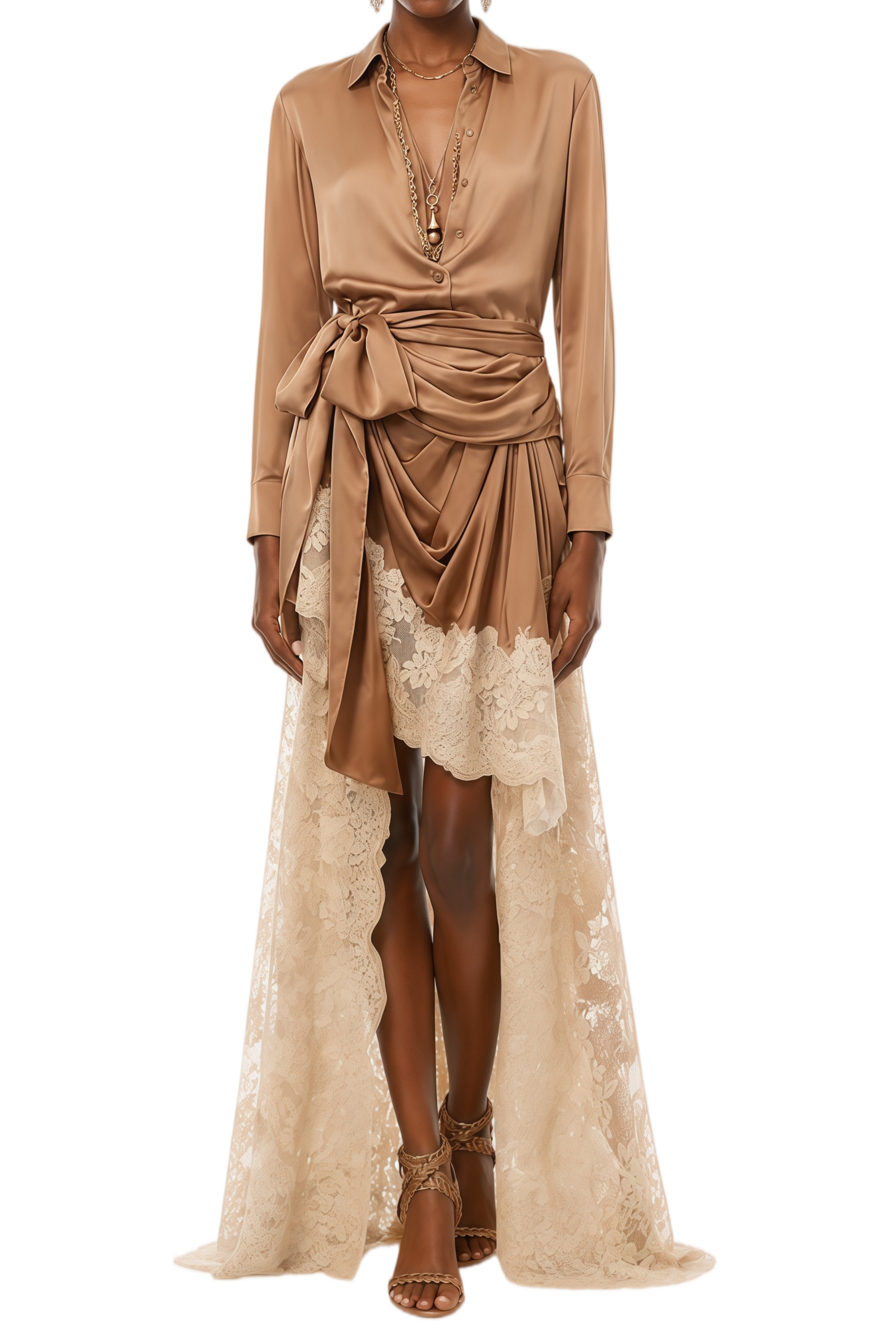 Pascale Brown Satin Floral Lace Shirt & Skirt Set – Relvoux Womenswear