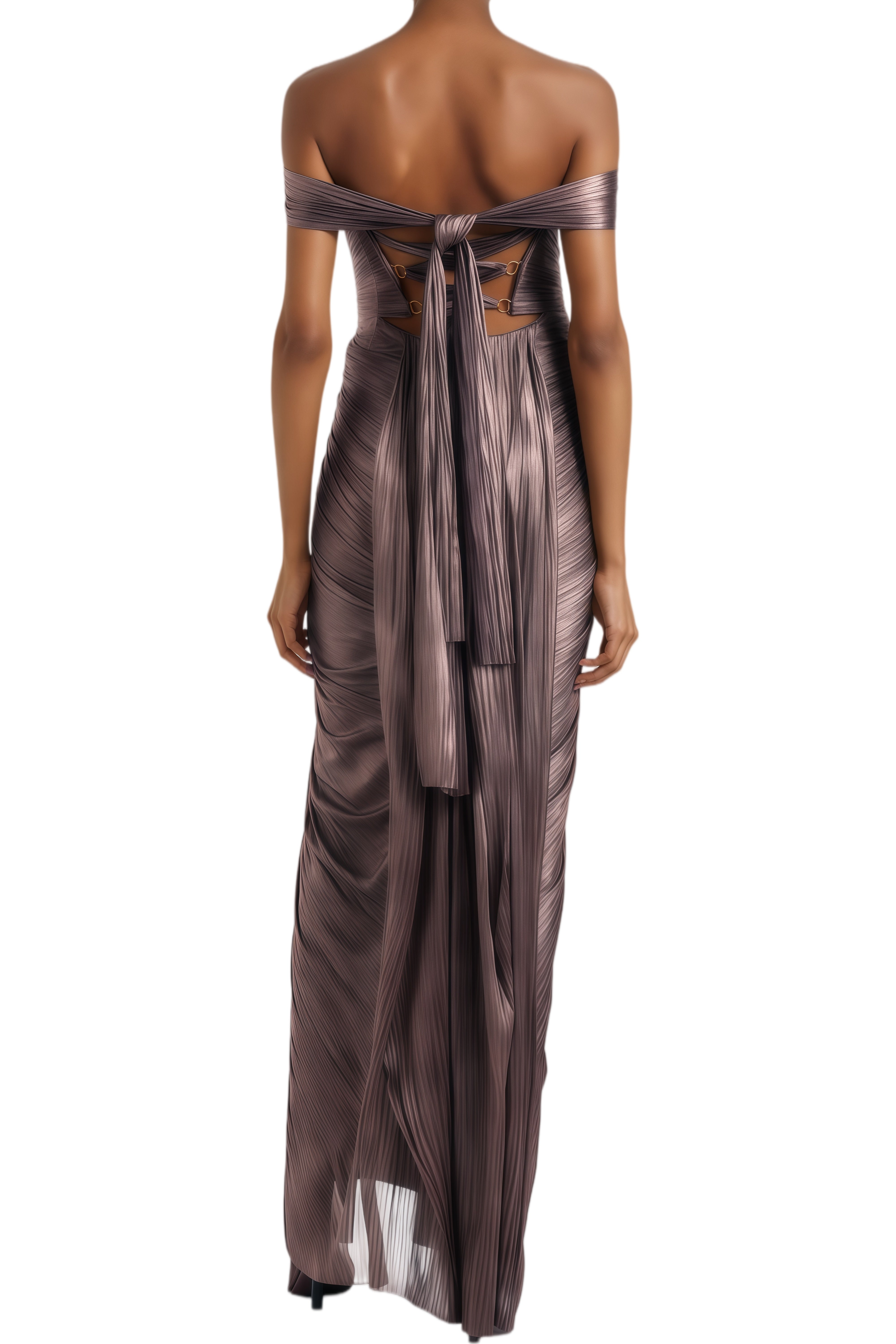 constance maxi dress Constance Bronze Gold Off Shoulder Pleated Maxi Dress S / Gold