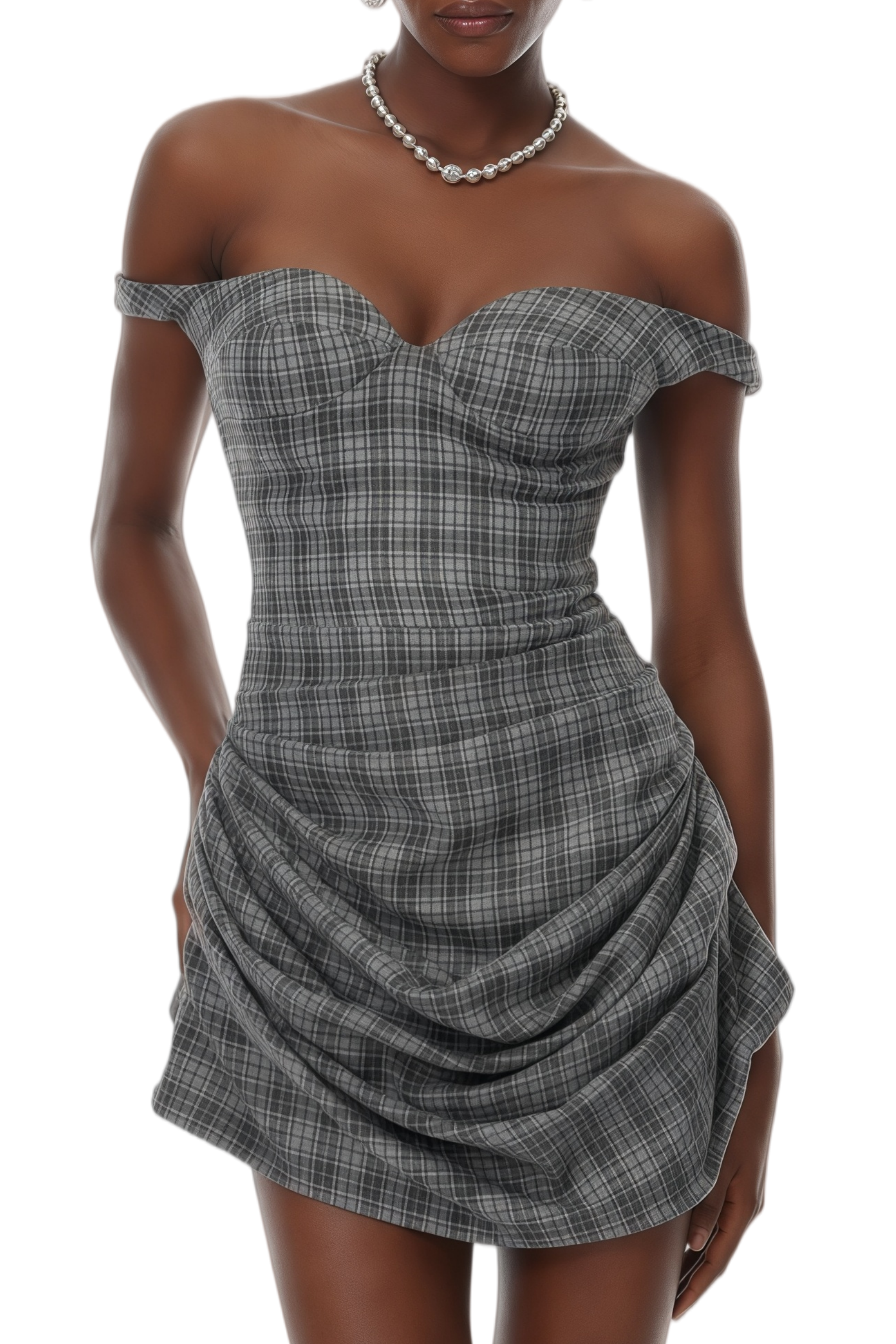 grey plaid mini dress Make A Debut Plaid Strapless Pleated Mini Dress