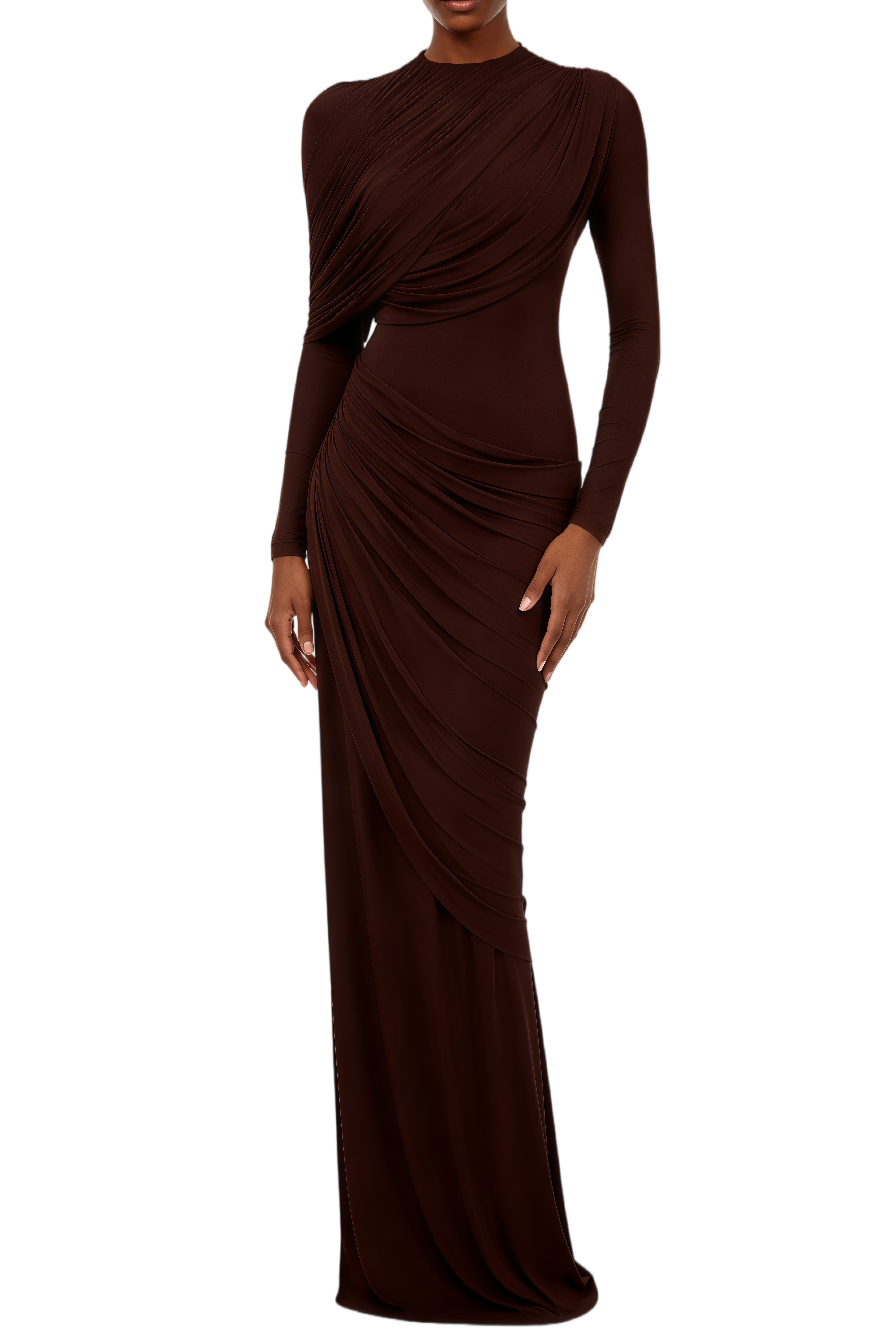 Prudence Chocolate Brown Asymmetrical Ruched Maxi Dress – Relvoux Womenswear