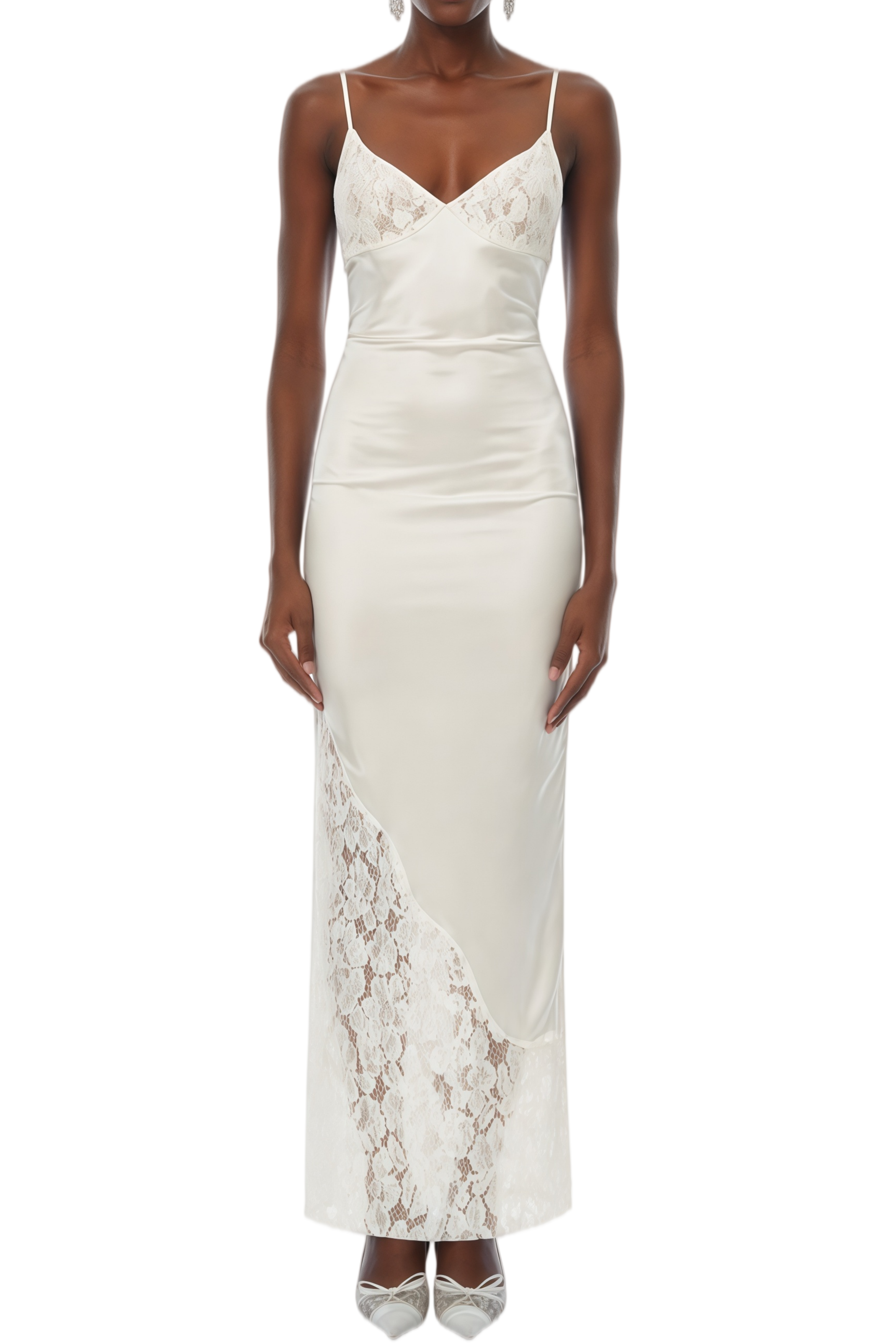 Cathy White Lace Panel Asymmetrical Maxi Dress L / White Cathy White Lace Panel Asymmetrical Maxi Dress L / White