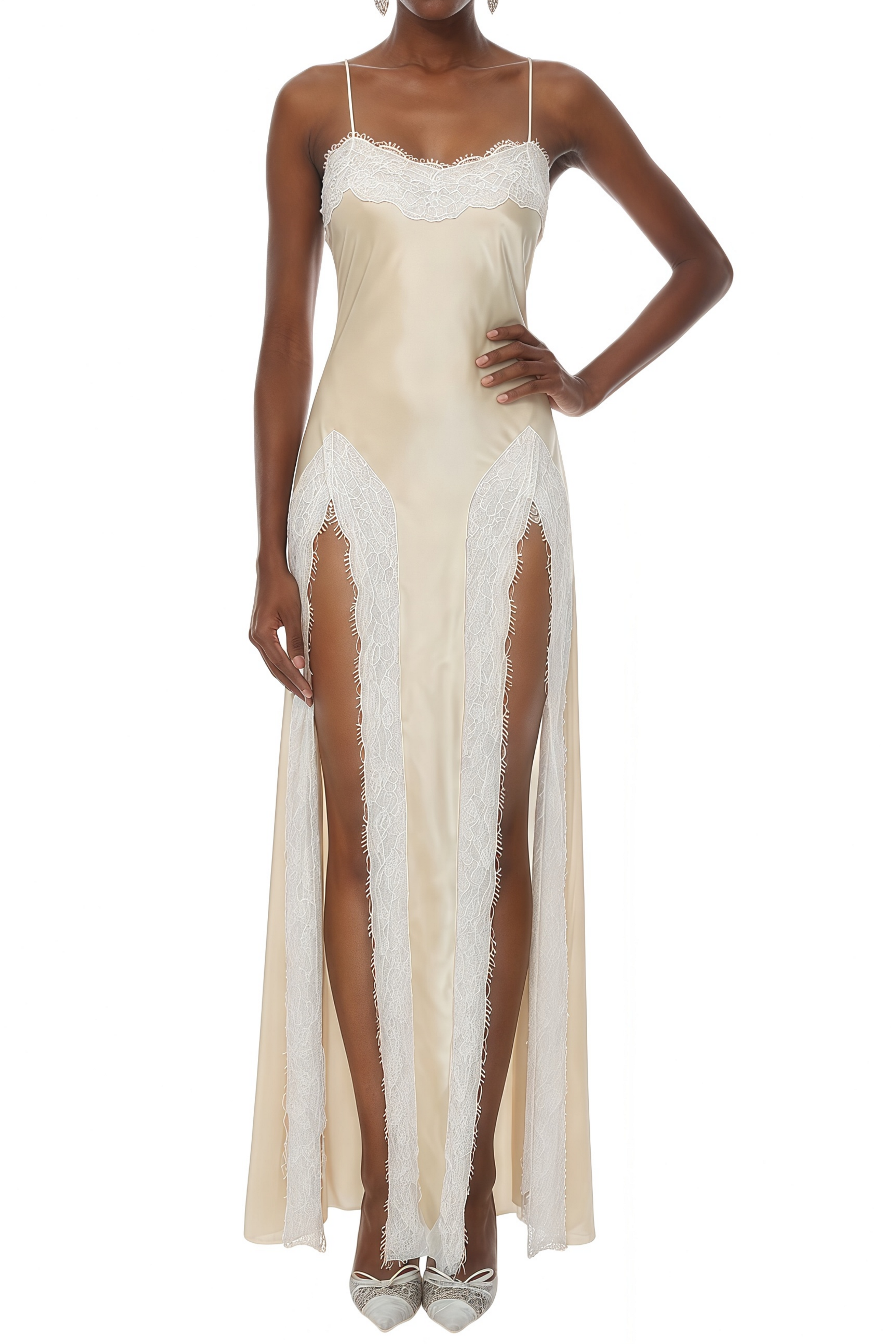 Alexia Cream White Lace Trim Slit Maxi Dress  Relvoux Womenswear