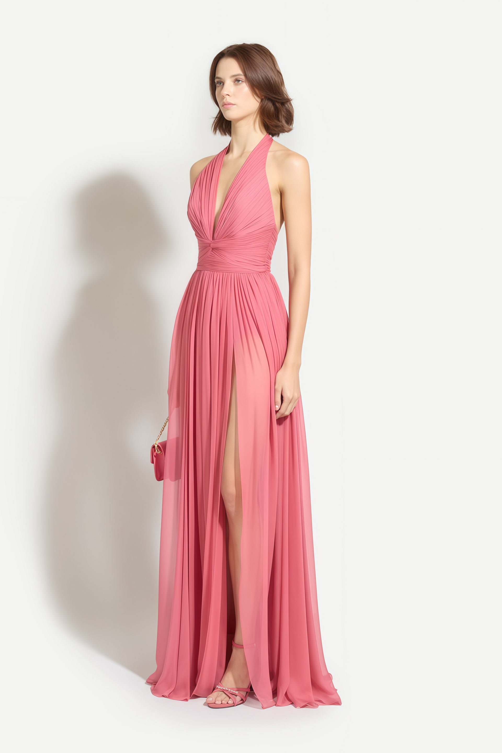 Florence Pink Halter Pleated Maxi Dress L / Pink